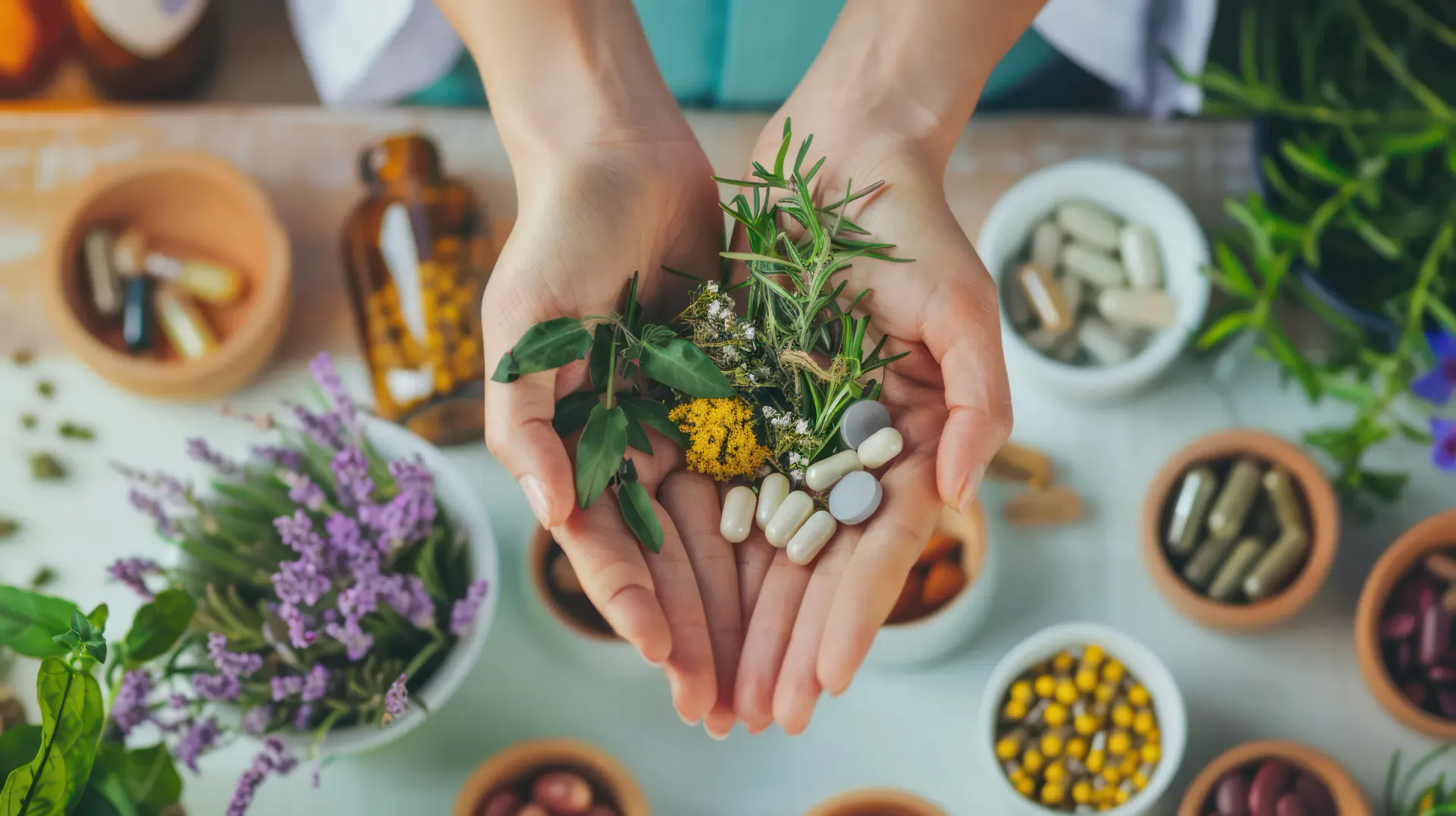 Open hands holding herbs and capsules